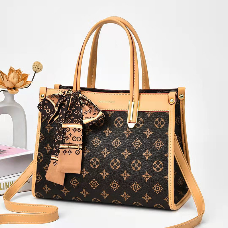 

Wholesale factory ladies leather shoulder bags elegant atmosphere old color women handbag large capacity three-layer barrier bow ribbon fashion tote bag, Khaki2-5406