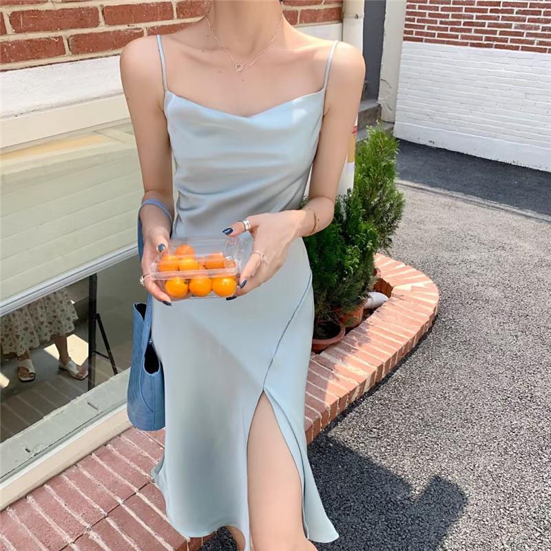 

Casual Dresses Women Elegant Ice Silk Bodycon Party Acetate Satin Split Dress Beach Solid Backless Artificial VestidosCasual, Black