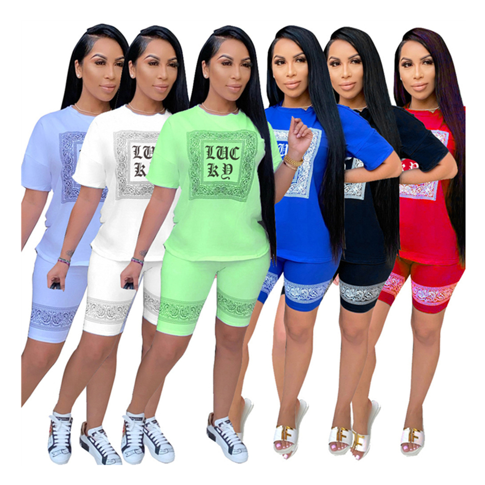 

Summer Letter Print Tracksuits For Womens Short Sleeve Round Neck Tops And Casual Shorts Home Two Piece Sets YSM855, Blue