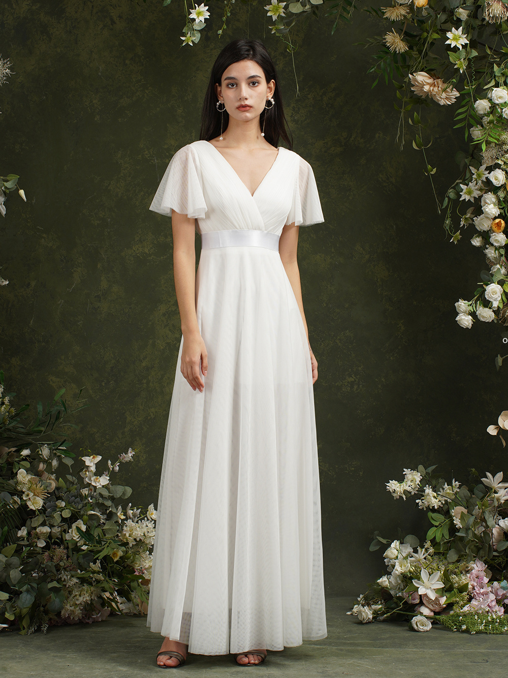 DHL Solide Blanc Mousseline De Soie Lâche Plage D'été Robes De Bal pour Femmes Élégant Flare À Manches Courtes Ruban Ceinture Maxi Soirée Robes D
