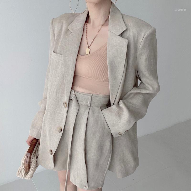

Women' Suits & Blazers Korean Overcoat Women Chic Lapel Single Breasted Lace Up Long Sleeve Suit Coat High Waist Wide Leg Pants Shorts, Khaki shorts