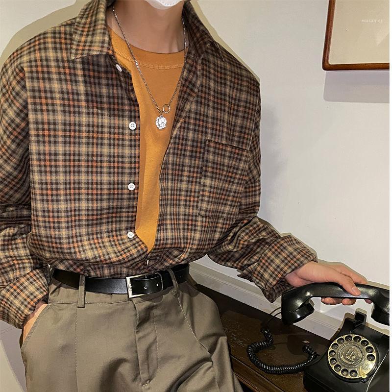 

Men's Casual Shirts Plaid Men Classic Long Sleeve Loose All-match Coat Streetwear Japanese Retro Hiphop Top Male Clothes Four Seasons, Khaki lattice