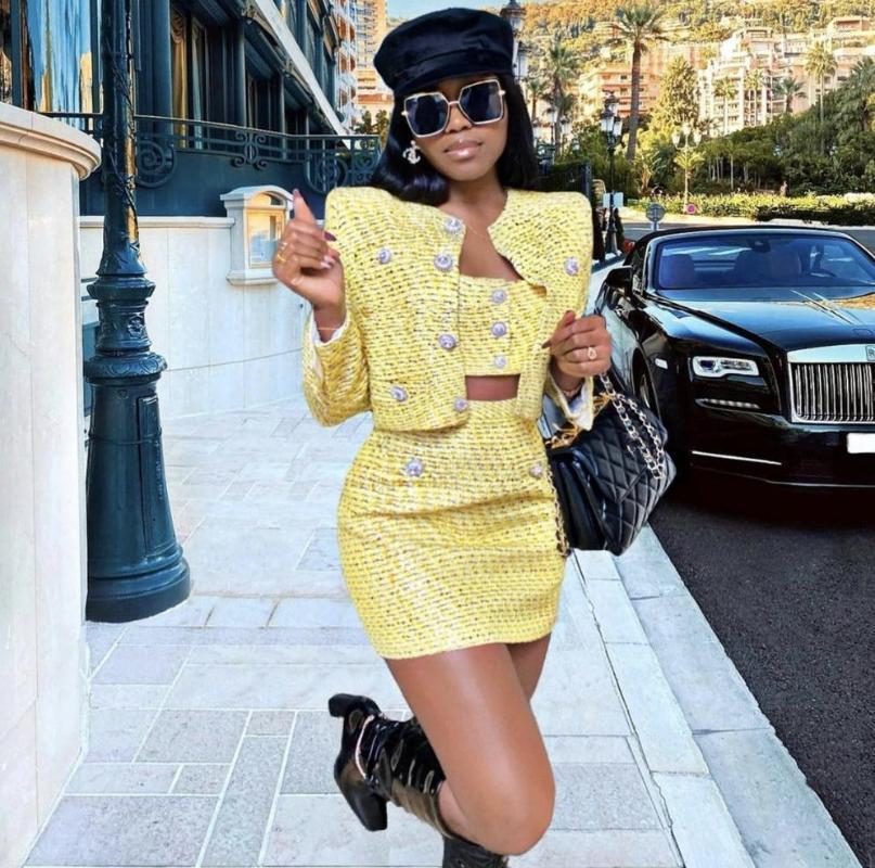 

Top Quality Women Winter Style Sexy Long Sleeve Button Yellow Three Piece Mini Set 2022 Celebrity Designer Fashion Women's Tracksuits