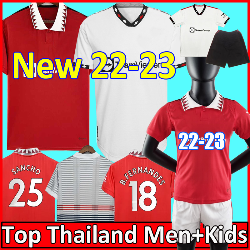 21 22 23 Joueur Sancho # 7 Jerseys de football Rashford Man 2022 2023 Kirt de football Man Utd Pogba Cavani B. Fernandes Men Kids Kit Varane Fred