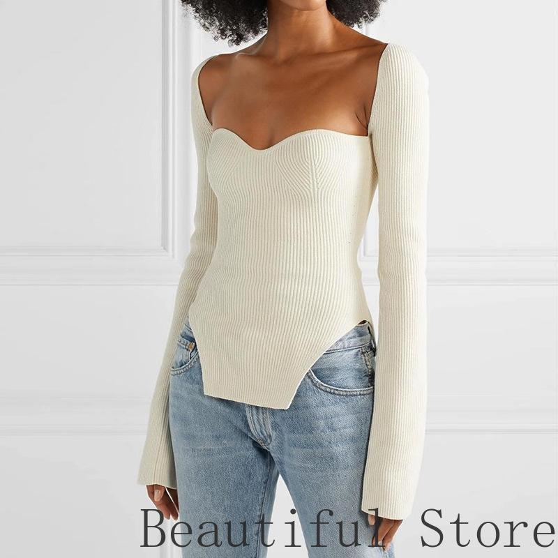 

Women' Sweaters High Quality Fashion Women Clothes Style Elegant Sexy Square Neck Court Slim Split Solid Color Knitting Elastic Sweater -X, Pic 1