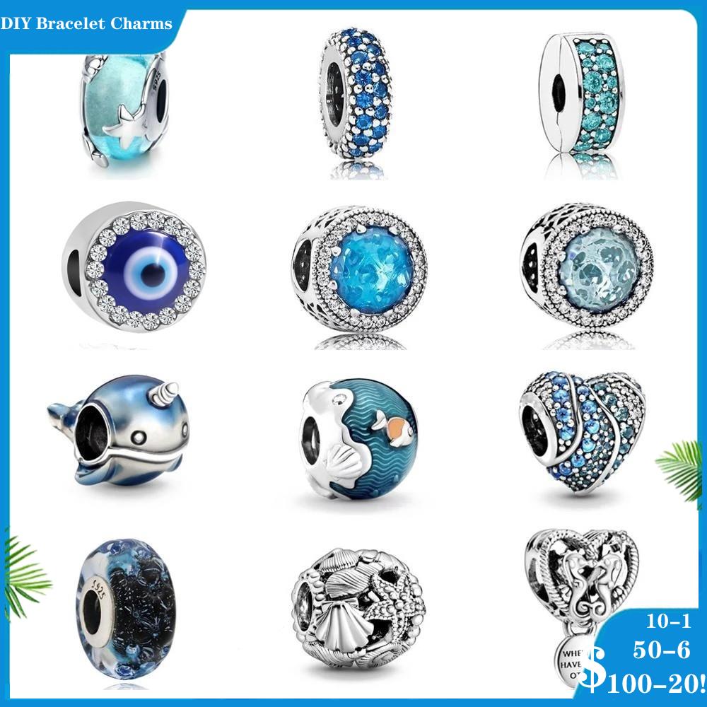 

925 Sterling Silver Dangle Charm blue mermaid princess shell pendant Beads Bead Fit Pandora Charms Bracelet DIY Jewelry Accessories