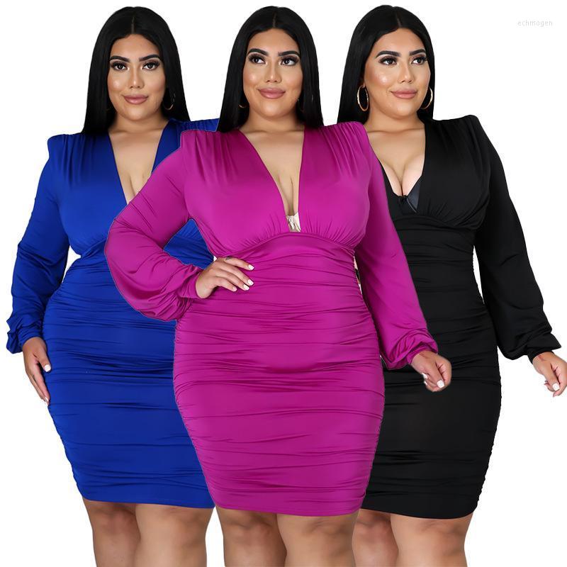 

Plus Size Dresses Sexy Skinny Women Bodycon Pleated Dress Elegant Deep V Neck Long Sleeve Casual Party Club Summer 4XL 3XL Echm22, Black