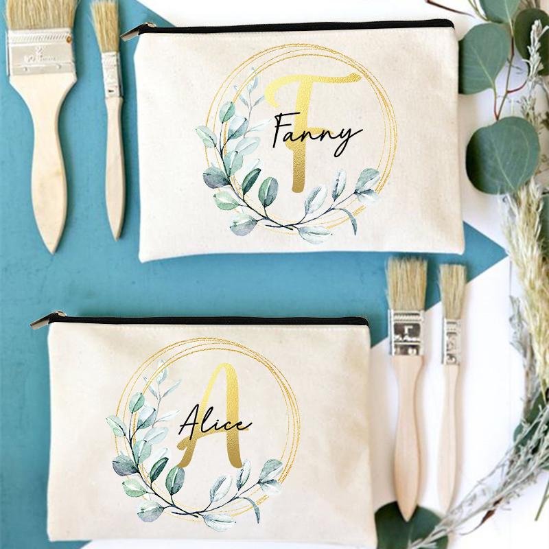 Cosmetic Bags & Cases Personalised Name And Initial Eucalyptus Geometric Greenery Design Canvas Style Make Up Bag Birthday Gifts For Mum Fri