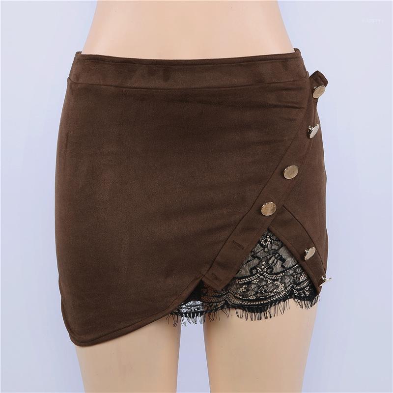 

Skirts 2022 Fashion Woman Sexy Lace Patchwork Button Pencil Split Party Casual Mini Skirt Faldas Suede Leather, Green