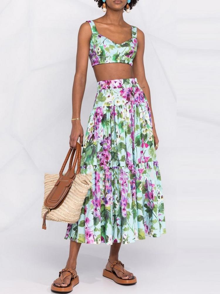 

Work Dresses Retro Print Short Sexy Tube Top Sling Two Piece Ladies Summer Style High Waist Loose Swing Puff Skirt Fashion SuitWork, Purple