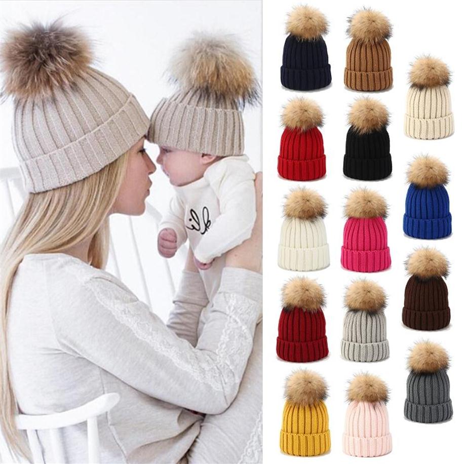 2Pcs Parent-Child Ribbed Knitted Beanie Hat Set Mother Baby Family Winter Pom Pom Warmer Solid Color Cuffed Skull Cap285i