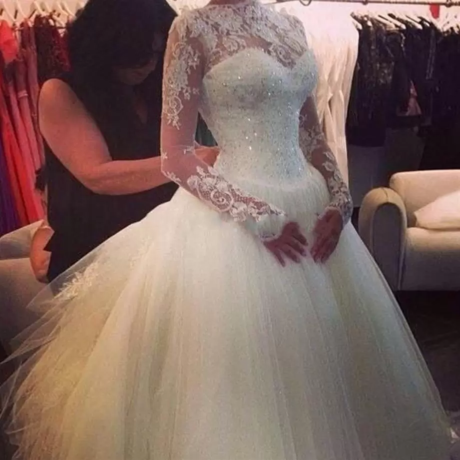 

2022 Elegant Long Sleeves Wedding Dresses Bridal Gown with Lace Applique High Neck Beaded Tulle Sweep Train Custom Made Plus Size vestido de novia, White