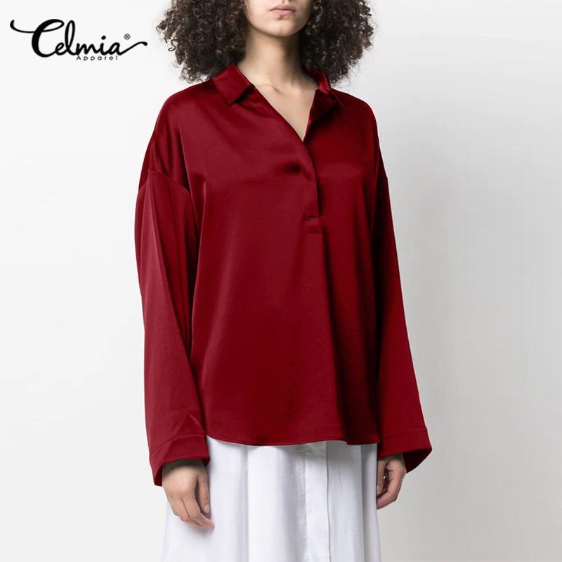 

Women' Blouses & Shirts Celmia Satin Silk Autumn Lapel Solid Color Long Sleeve Shirt Tops Fashion Elegant Casual Workplace Basic Blusas, Black
