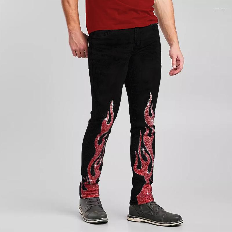 Men's Jeans Men's Stretchy Black Trousers Jogging Drill Punk Streetwear Biker Pants Rhinestone Hole Slim Fit Denim Pencil For ManMen