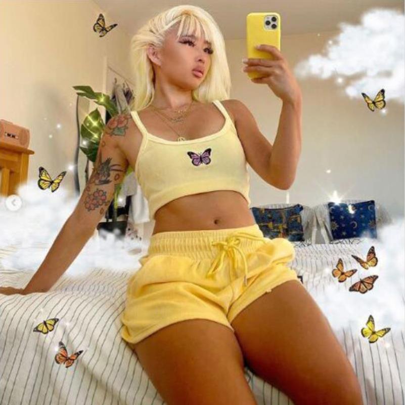 

Women' Tracksuits Women Clothes Set Crop Top Shirt High Waist Shorts Drawstring Casual Yoga Run Elastic Sports Butterfly Inwrought Suit Sum, Pink