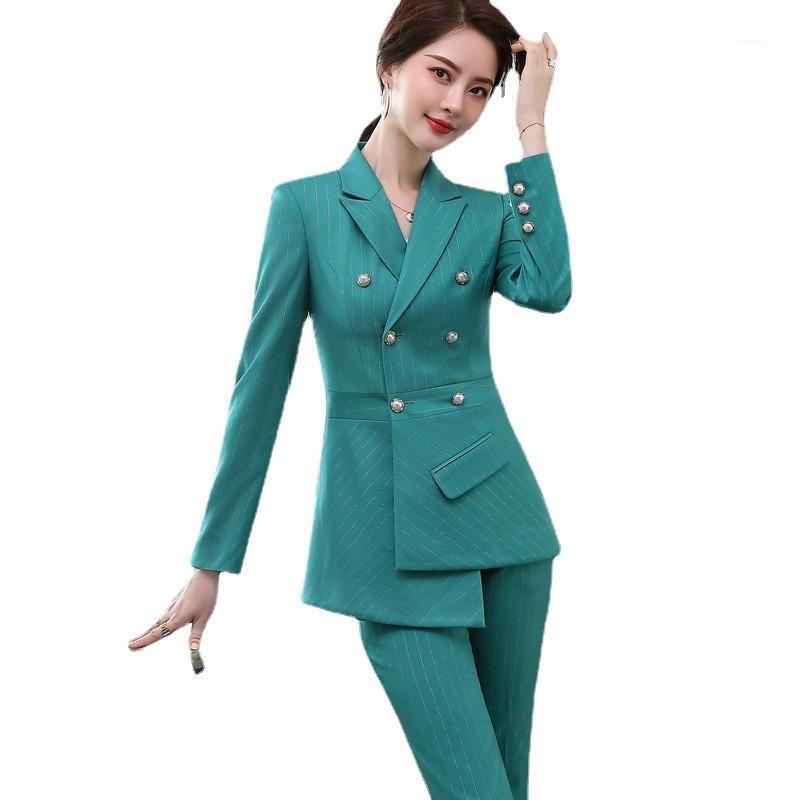 

Women' Two Piece Pants Autumn And Winter Professional Suits 2022 Striped Double-breasted Ladies Jacket Temperament High Waist T, Green
