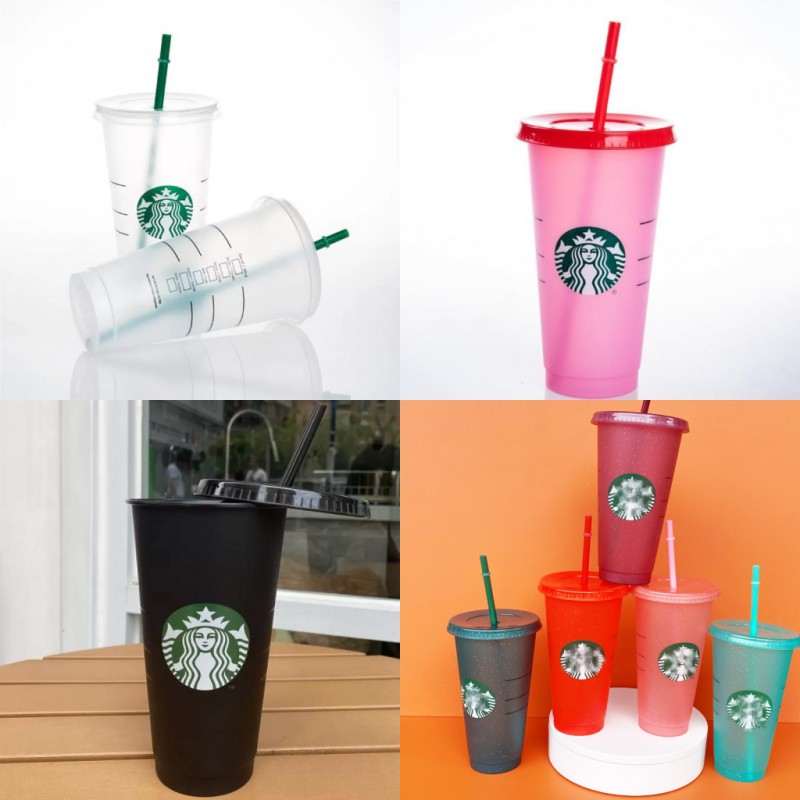 

Starbucks Mug 24oz/710ml Plastic Tumbler Reusable Black Drinking Flat Bottom Cup Pillar Shape Lid Straw 595 E3, Cup + straw + lid