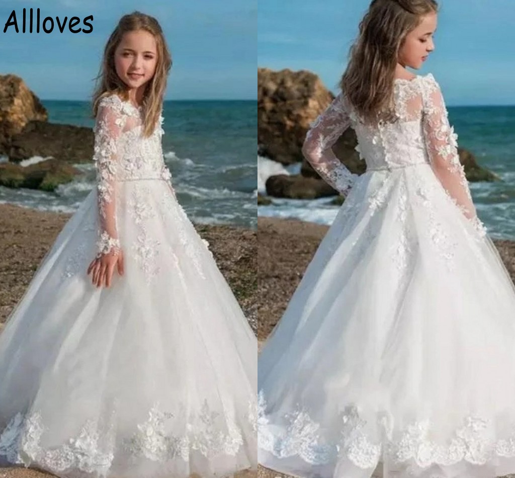 

Cute Floral Lace Appliqued Flower Girl Dresses For Wedding Long Sleeves A Line Kids Baby First Communion Birthday Gowns Little Girl Children Formal Party Wear CL0868, Champagne