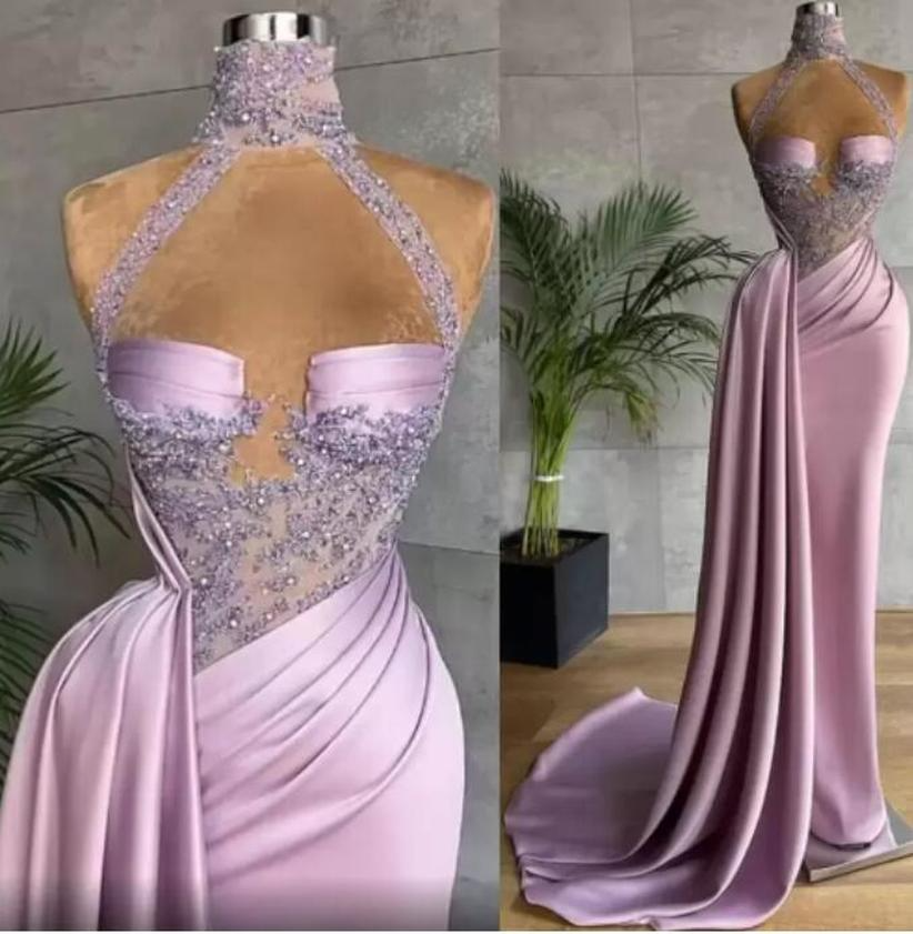 2022 Nouveau Sexy Aso Ebi Arabe Robes De Bal Plus La Taille Lilas Dentelle Perlée Gaine Robes De Soirée Col Haut Plis Deuxième Réception Robes Su
