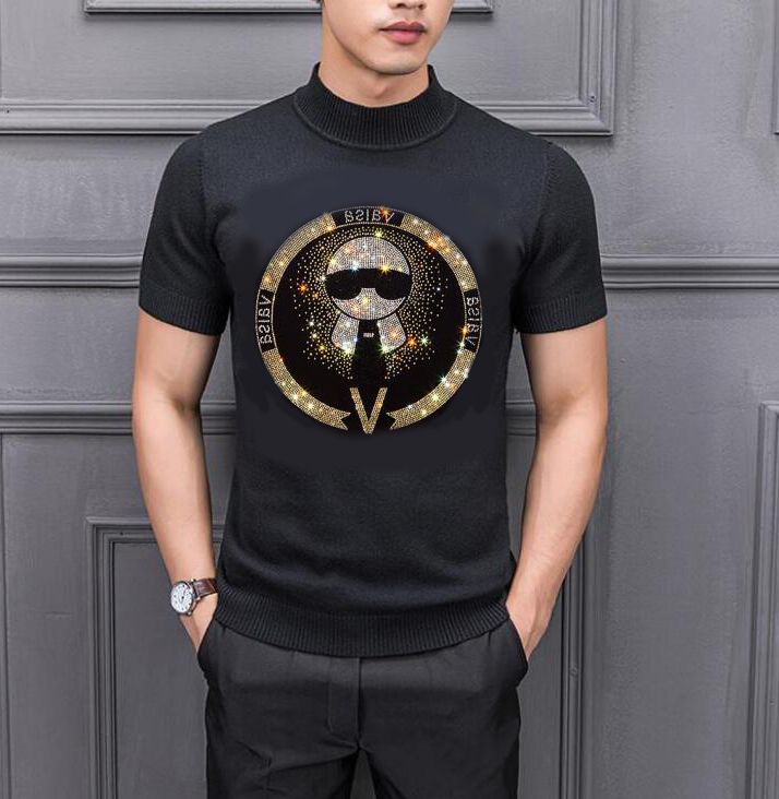 

2022 Men' Rhinestones Fashion Short-sleeved Round Neck sweater Tops Male Solid Color slim fit Sweater Knitted - Black/White, As show