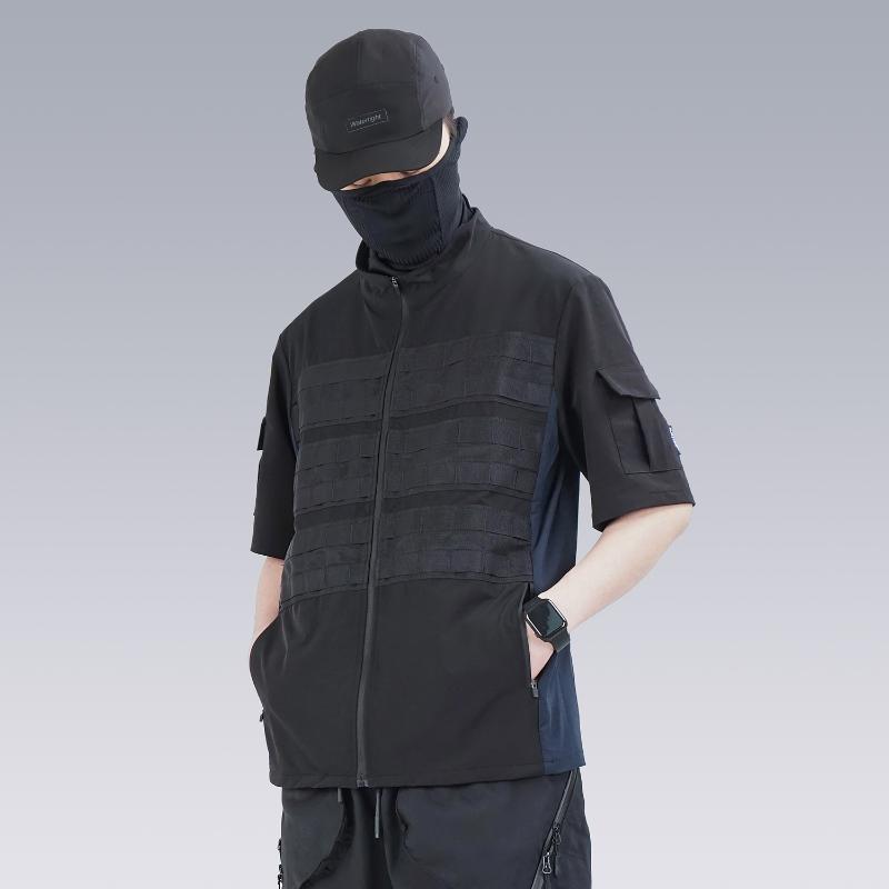 

Men' Casual Shirts Silenstorm 22ss Stitched Colours Short Sleeve Shirt Front Molle Stand Collar Techwear Warcore Ninjawear Cyber MonkMen, As pic