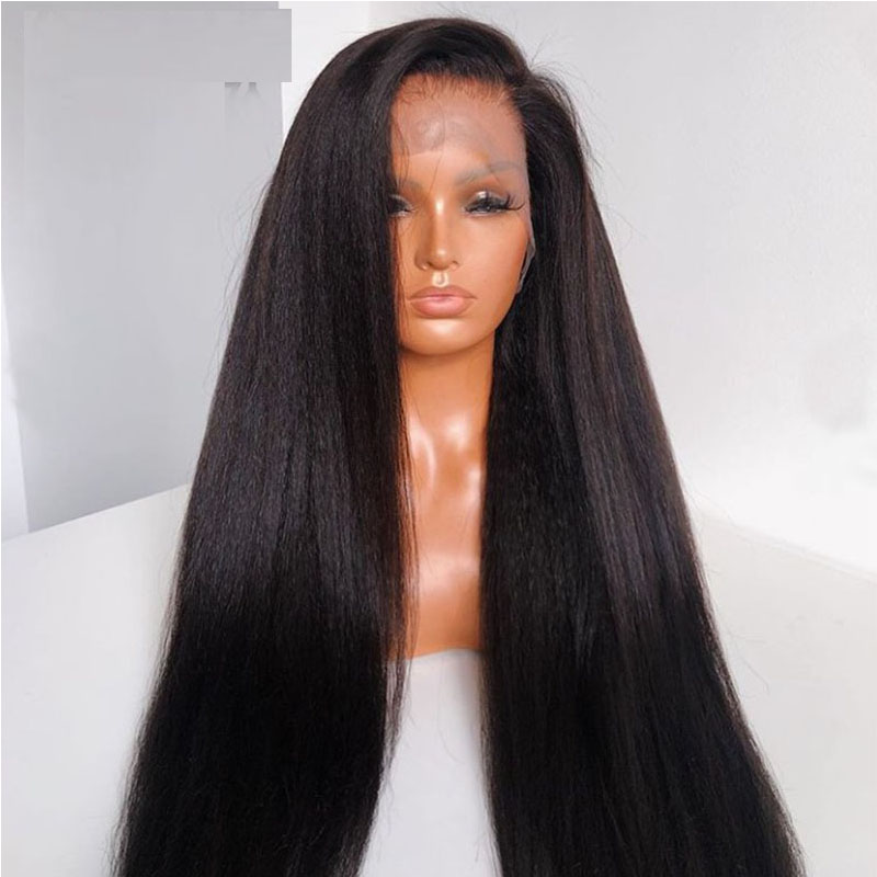 

6Inch 180%Density Black Long Soft Kinky Straight Lace Front Wig For Women With Baby Hair Heat Resistant Fiber Hair Daily Wig