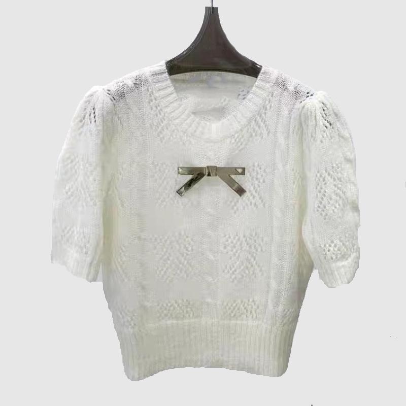 

Women' Sweaters Spring/Summer 2022 Fashion Elegant Ladies Clothing Detachable Bow Decoration Logo Sweet Short Sleeve Knit Crew Neck TopWome, White