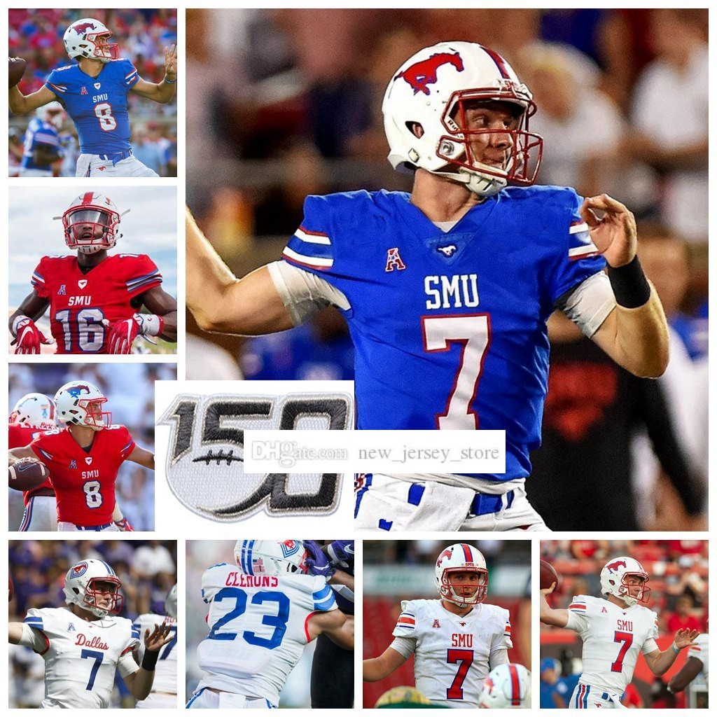 

NCAA Custom SMU College Mustangs Football Jerseys Stitched Patrick Nelson Delontae Scott Demerick Gary Turner Coxe Ryan Becker Jersey, Mens red with 150th