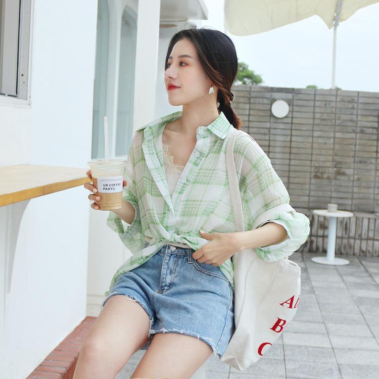 

Summer Check Chiffon Sun Proof Shirt Mid Long Fashion Versatile Loose Air-conditioning Coat Women's Blouses & Shirts, Yellow lattice