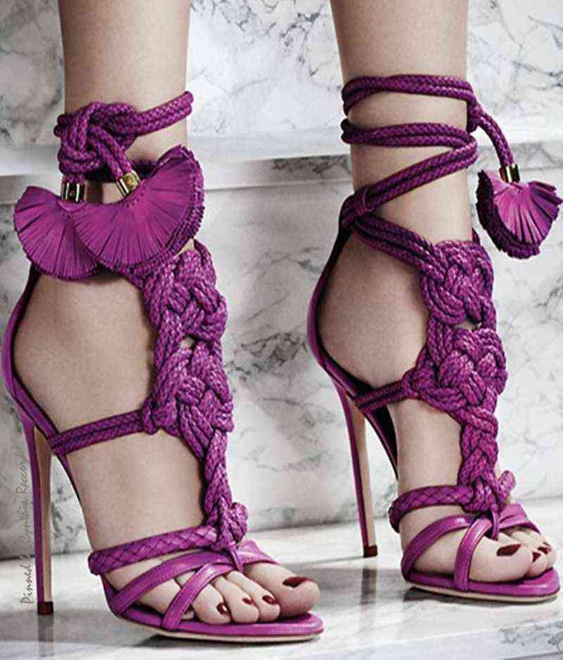 

Fashion-Hot Sale-Summer high-heeled sandals with knots, Gladiator shoes with lace, with woven belts, pink, brown and green, As a picture