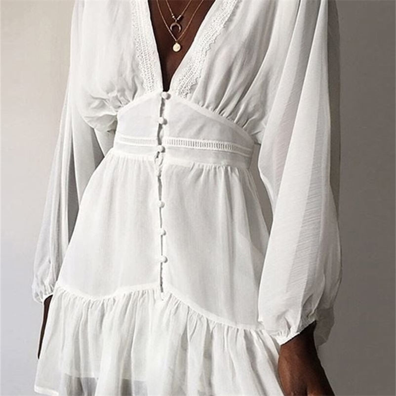 

DICLOUD Sexy Summer Dresses For Women Plunge V Neck White Lace Long Sleeve Mini Wedding Party Dress Ruffle Elegant Clothing 220811