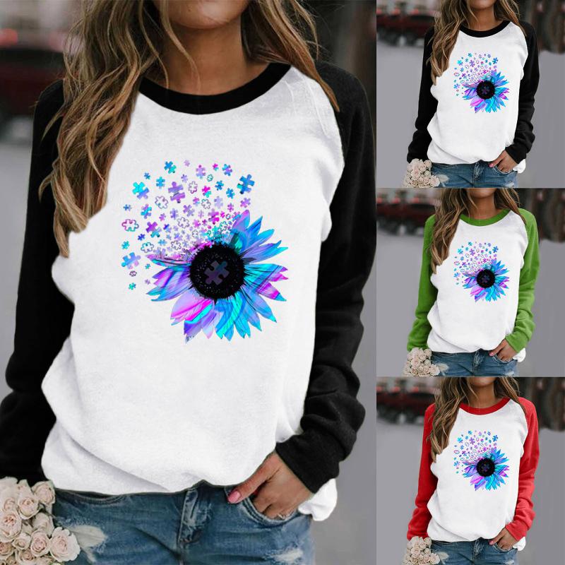 

Women' Hoodies & Sweatshirts Lady' Colorful Flowers Print Long-sleeved Sweatshirt Round Neck Vintage Casual Blouse Pullover Crop Top W, Rd