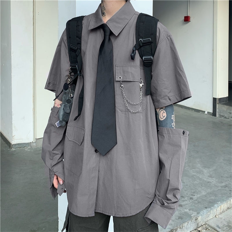 

HOUZHOU Gray Shirts Women Harajuku Detachable Sleeve Oversized Bf Gothic Blouse with Tie Vintage Streetwear Punk Autumn Shirt 220407, Black