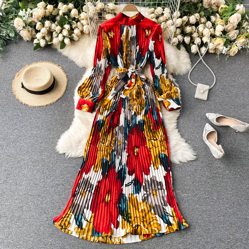 

Hot Vintage Bohemian Holiday Long Casual Dress Women High Waist Hip A Line Draped Vestidos O Neck Pullover Long Sleeve Print Robe 2022, Same as picture