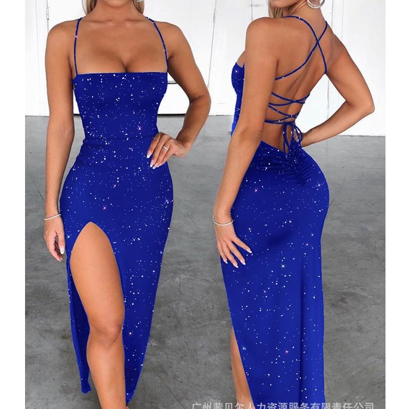 

Casual Dresses Wepbel Spaghetti Strap Backless Bodycon Dress Suspender Slit Women Sexy Night Clubwear Bandage Low Cut, Black