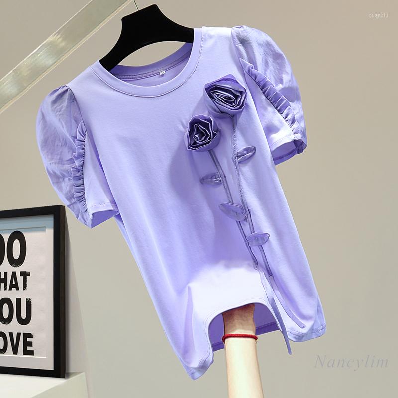 

Women' T-Shirt Summer Tee For Women Three-Dimensional Embroidered Floral Short Puff Sleeve Korean Style Chiffon Stitching TopsWomen, White
