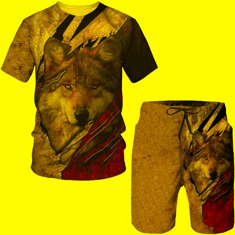 

Men's Tracksuits Men's Summer T-Shirt Shorts Set 2 Pieces Wolf Print Tracksuit Casual Outfit Vintage Suit Outdoor Clothing Male Chic Str, Ts7546