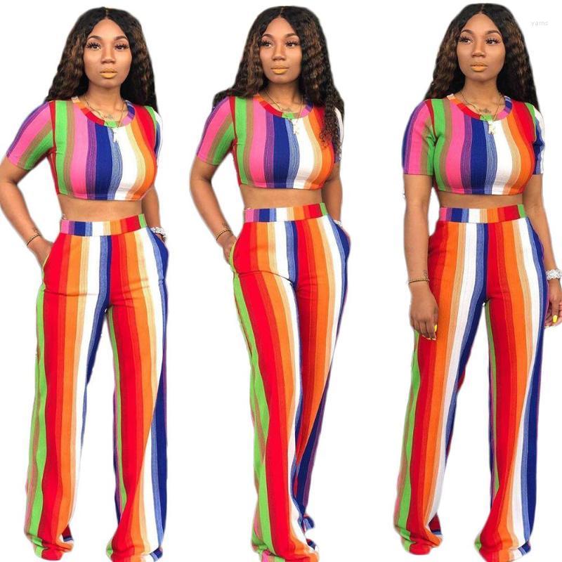 

Lemon Gina 2022 Summer Patchwork Striped Print O-neck Top Wide Leg Pants Sexy Casual Two Piece Set Y5120 Women' Tracksuits, Multi