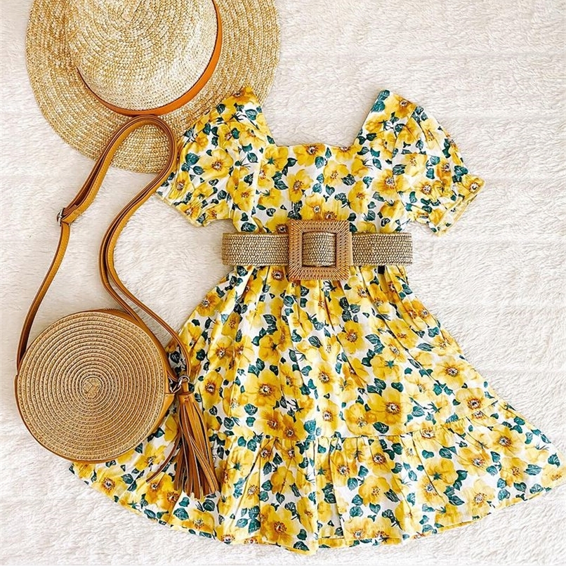 

1 6Y Summer Toddler Girl Clothes Set Baby Beach Dresses Casual Floral Printed Cotton Children Princess Dress Waistband 220614, Red