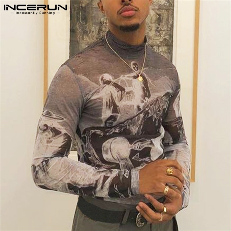 

Men T Shirt Turtleneck Mesh Transparent Printed Sexy Long Sleeve Fitness Party Camisetas Streetwear Undershirt INCERUN 7 220407, Coffee