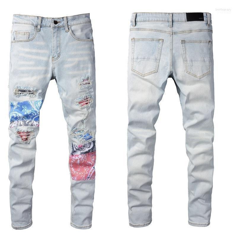 

Men's Jeans 2022 European Light Blue Streetwear Motorcycle Jean Pant Trend Paisley Printing Patchwork HipHop Men Los Hombres Bert22, Sky blue