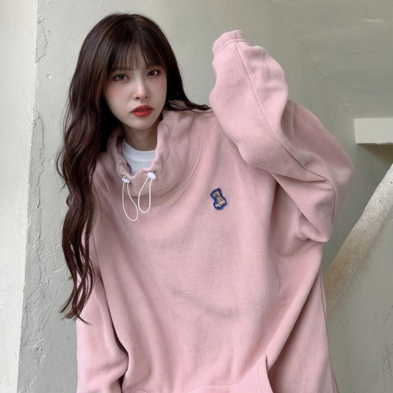 

Japanese Bear Fleece Sweater Female Autumn And Winter Ins Loose Korean Bf Lazy Wind Plus Velvet Padded Stand Collar Jacket Women' Hoodies, Beige