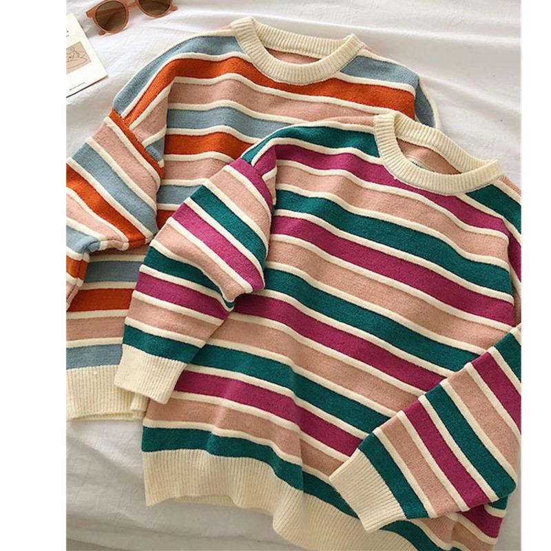 

Women's Sweaters Chic Rainbow Color Winter Fashion Women Oversize Pullovers 2022 Long Sleeve O-Neck Striped Knitwearr Warm Knitted Sweater, White;black