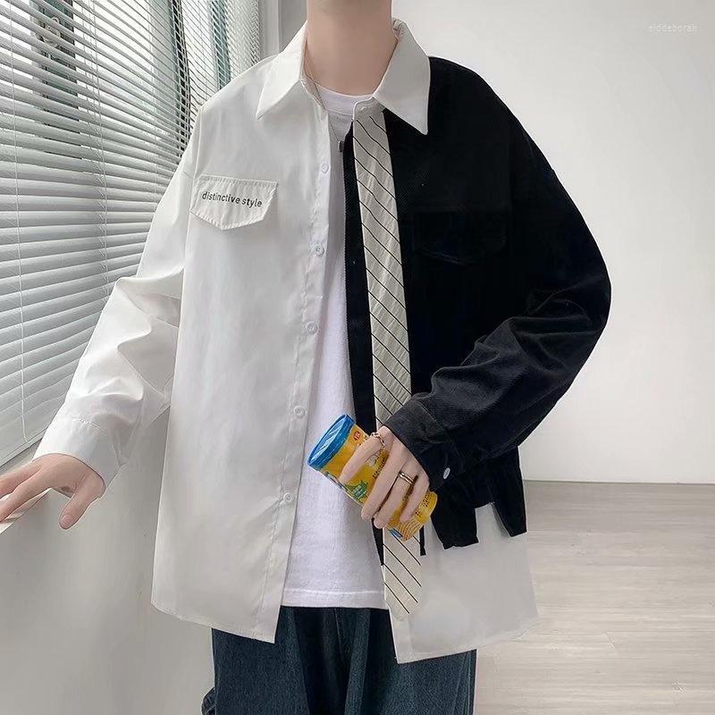 

Men's Casual Shirts Fake Two Piece Splicing Shirt Men's Loose Student Versatile Fashion Handsome College Style Long Sleeve Autumn Eldd22, 8003 pink