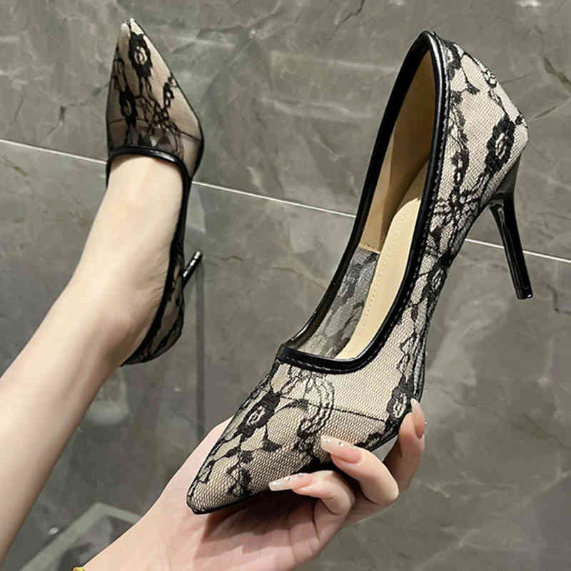 

Dress Shoes Women Sandals Sexy Lace Flower Pumps 2022 Patchwork Punch Shoe Super High Heels Woman Hollow Out Stiletto Heel Prom 220416, Black