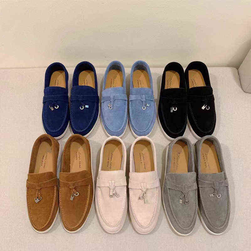 

Designer-Suede Leather Mens Loro Walk Women Men Dressing Shoes Luxury Sneakers Nubuck Lock Designer Flats Slip-on Dress Shoe Large, Gray