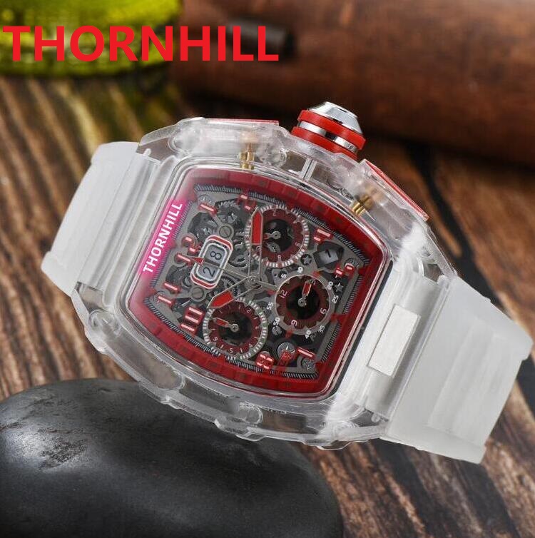 

Luxury Mens Quartz Multifunction Watch Stopwatch Running Seconds Casual Watches Transparent Rubber Strap Wristwatch, As pic