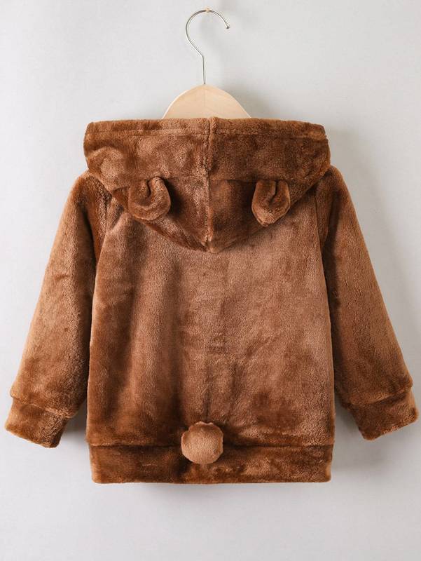 

Toddler Boys 3D Ear Design Pompom Patched Hooded Flannel Jacket SHE, Brown coffee