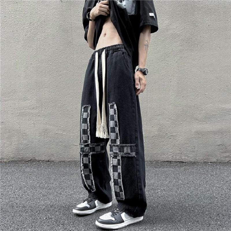 

Men' Jeans Mens Fashion Plaid Stitching Loose Spring/Autumn Korean Version Ins Washed Wide Leg Straight Street WearMen, Black
