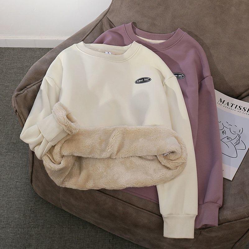 

Women's Hoodies & Sweatshirts Pure Color Plus Velvet Padded O-neck Lamb Pullover Womens Winter 2022 Warm Loose Wild Long-sleeved